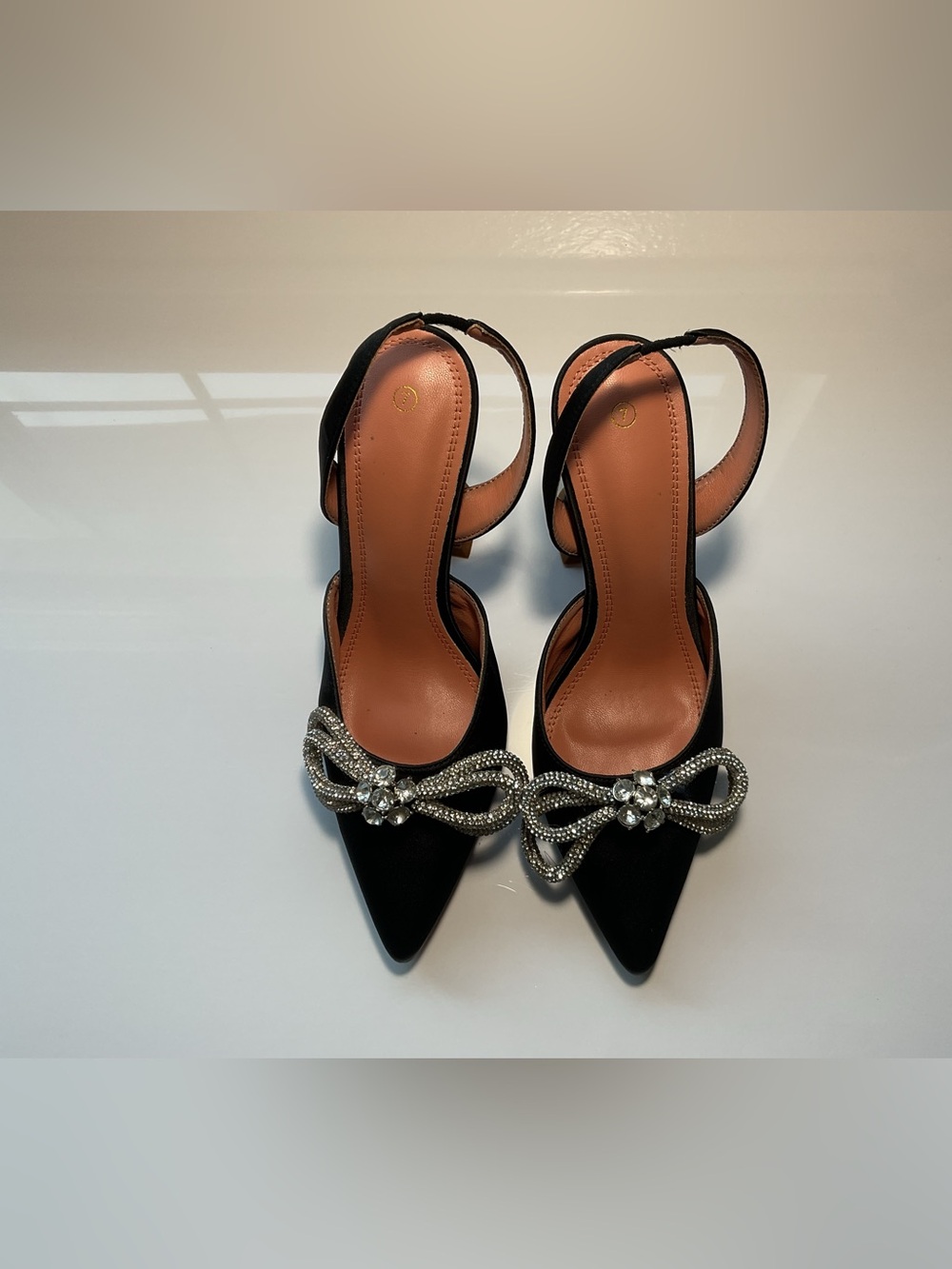 Black Satin Slingback Kitten Heels w/ Rhinestone Bow Pointed Toe Size 7
